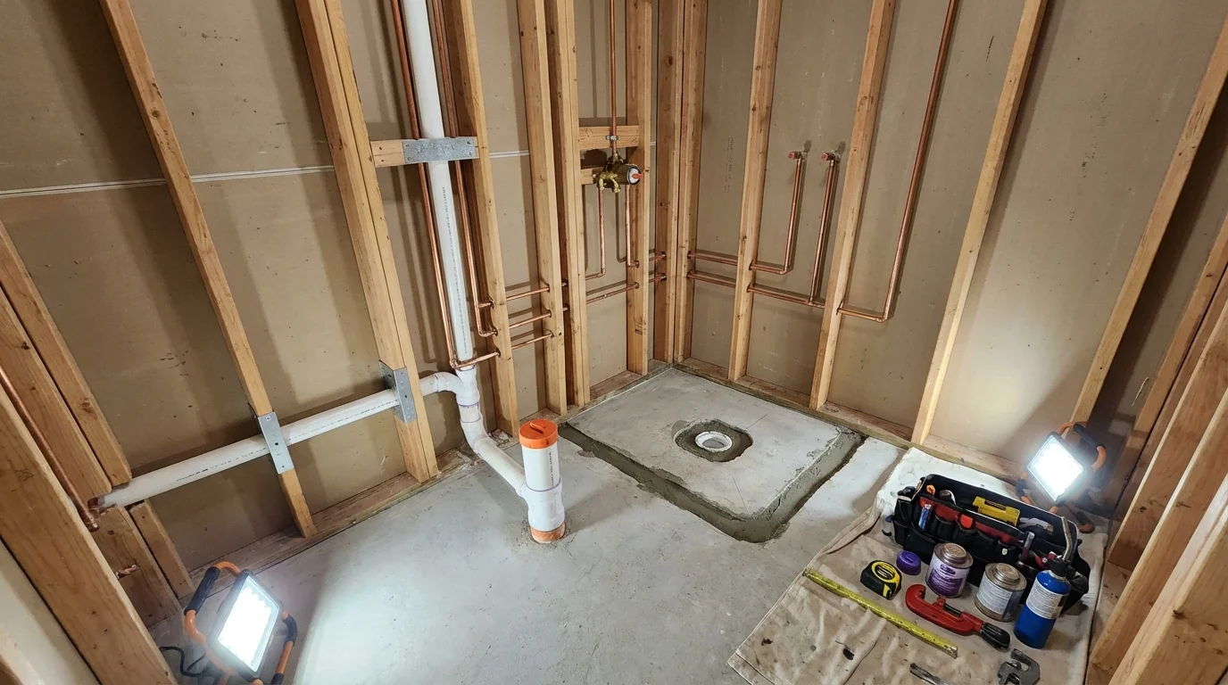 Bathroom rough-in plumbing during remodel by Johns Plumbing LLC in Glenwood Landing