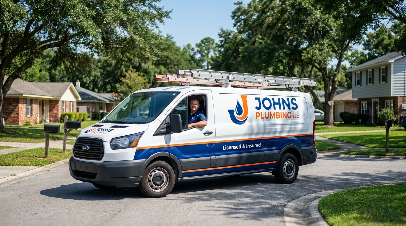 Johns Plumbing LLC service van in Glenwood Landing, NY