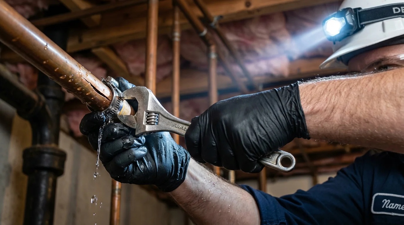 Emergency pipe clamp repair being performed by a Johns Plumbing LLC plumber in Glenwood Landing