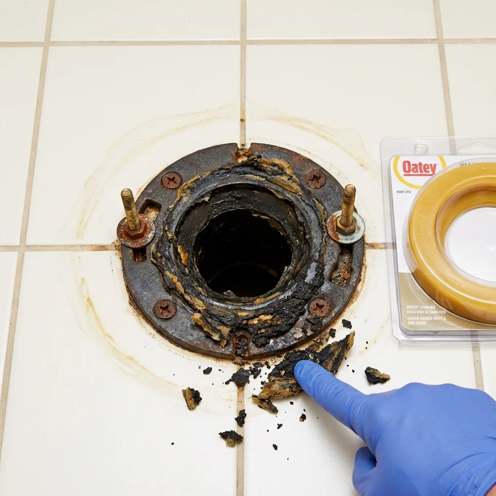Failed wax ring showing water seepage at the base of a toilet in a Glenwood Landing, NY home