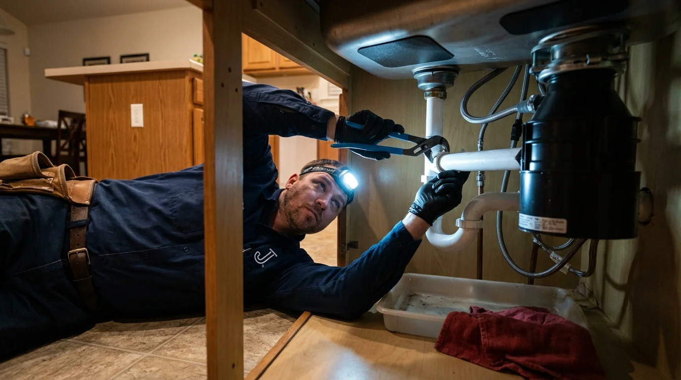 P-trap and supply line connections under a kitchen sink showing a common leak point in Glenwood Landing, NY